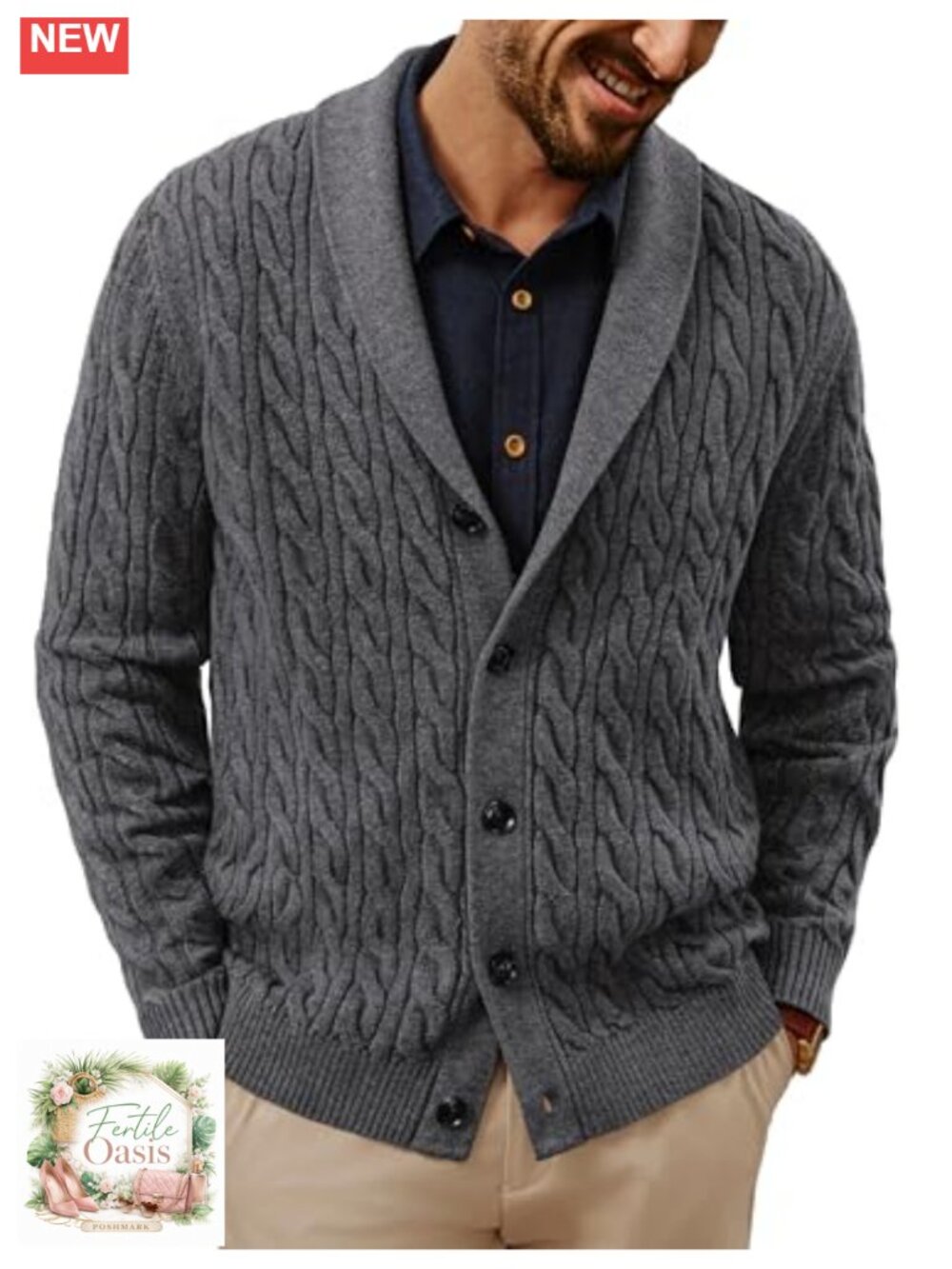 Men's Cable Knit Cardigan Shawl Collar Button Down Long Sleeve